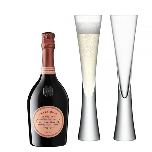 Laurent Perrier Cuvee Rose Champagne 75cl with LSA Moya Flutes